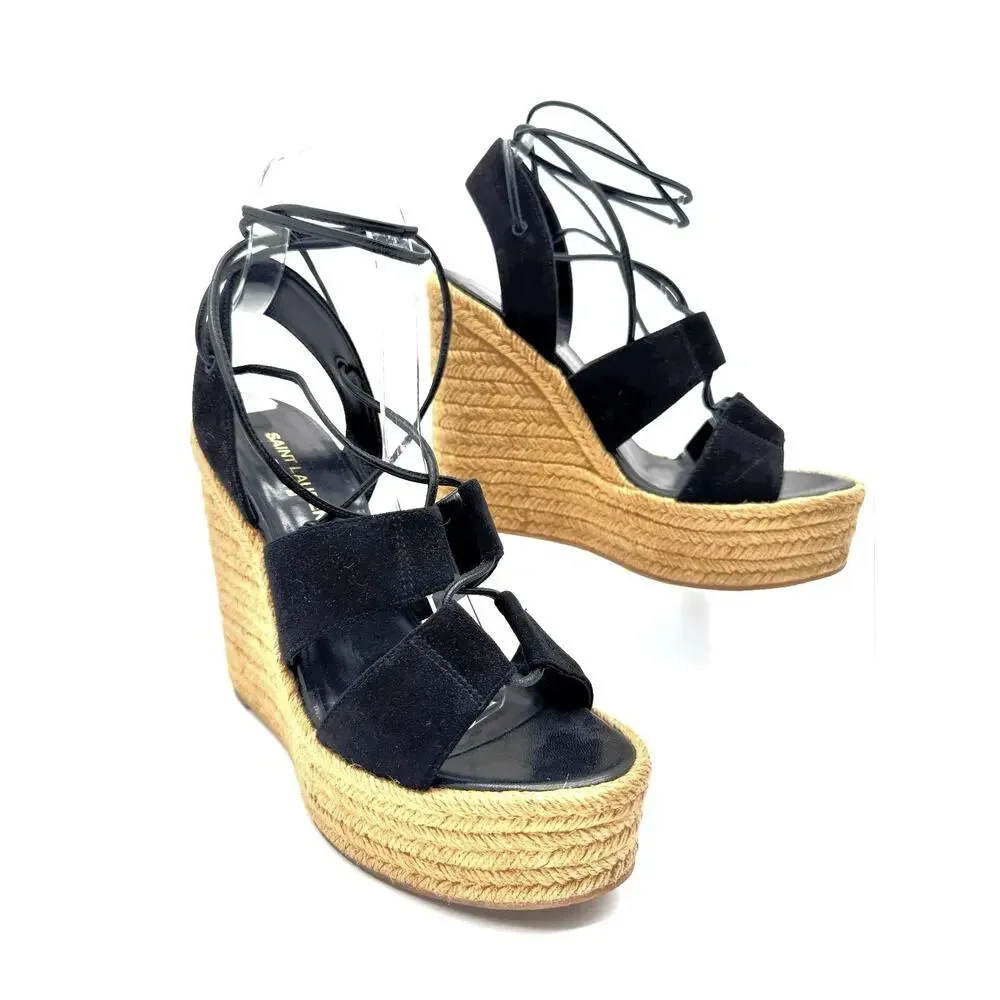 Saint Laurent Black Suede Espadrille Platform Wedge Sandals  Ankle Tie EU 38.5